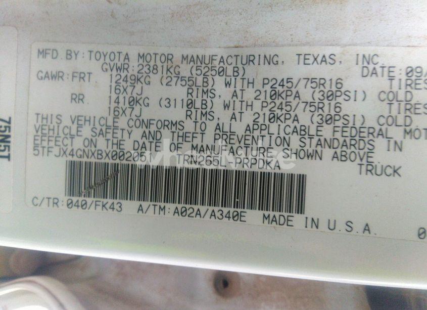 Photo 9 of 2011 Toyota Tacoma DOUBLE CAB (VIN 5TFJX4GNXBX002051)