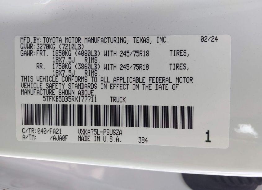 Photo 9 of 2024 Toyota Tundra SR (VIN 5TFKB5DB5RX177711)