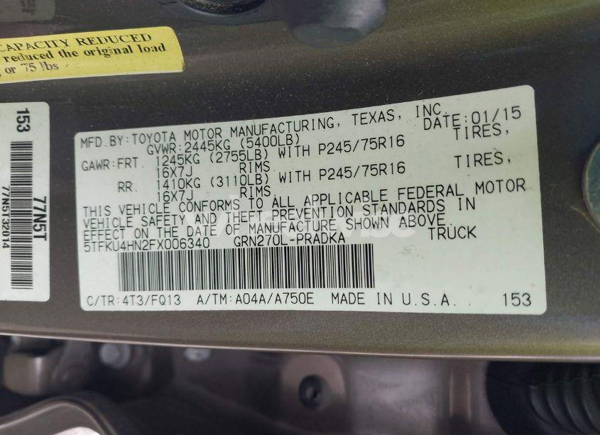Photo 9 of 2015 Toyota Tacoma PRERUNNER V6 (VIN 5TFKU4HN2FX006340)