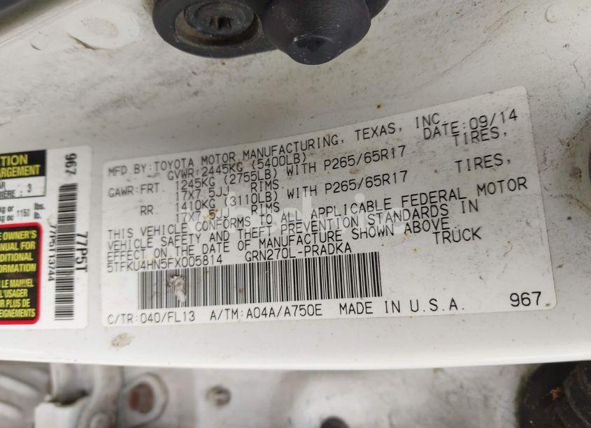 Photo 9 of 2015 Toyota Tacoma PRERUNNER V6 (VIN 5TFKU4HN5FX005814)