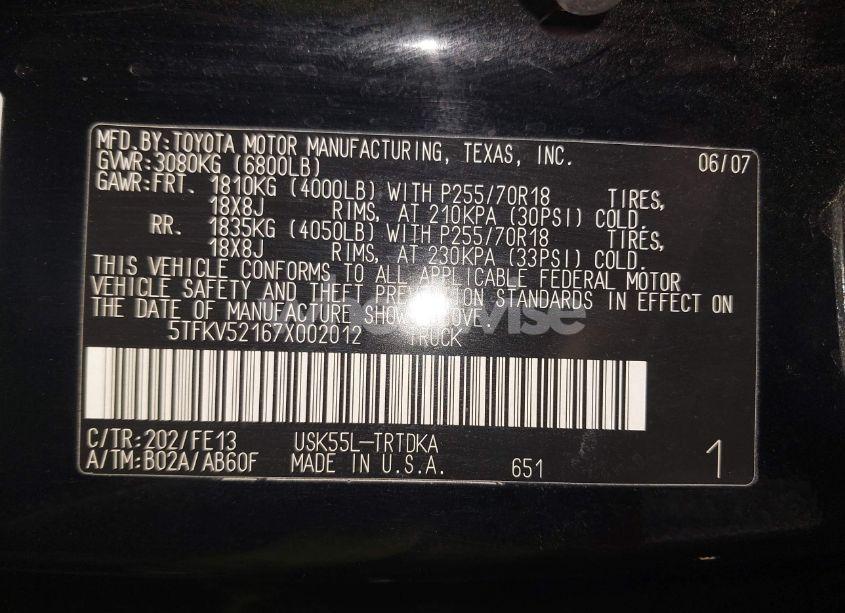 Photo 9 of 2007 Toyota Tundra BASE 5.7L V8 (VIN 5TFKV52167X002012)