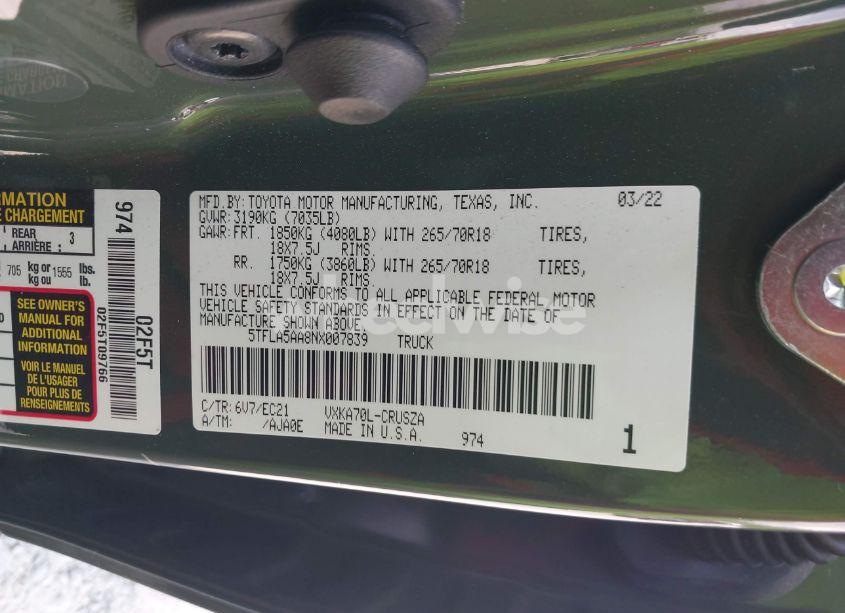 Photo 9 of 2022 Toyota Tundra SR5 (VIN 5TFLA5AA8NX007839)