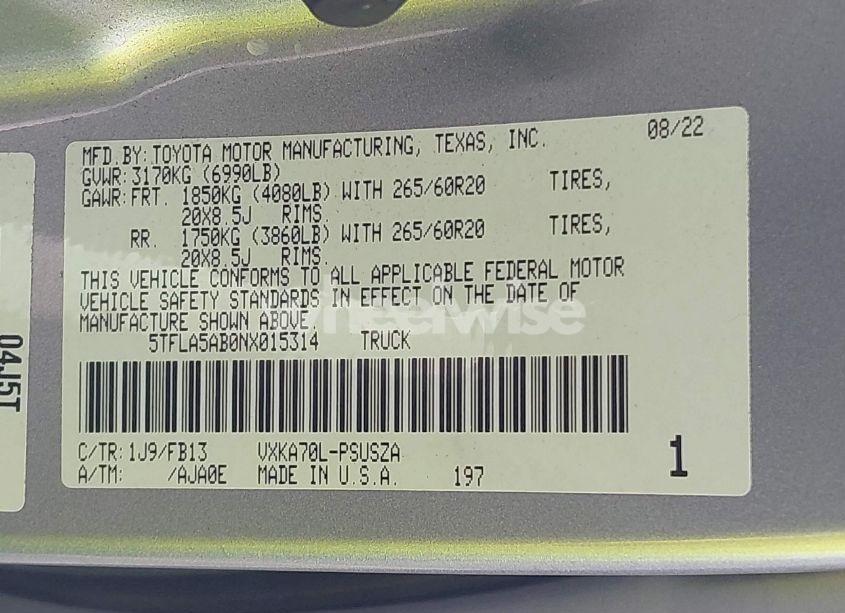 Photo 9 of 2022 Toyota Tundra SR5 (VIN 5TFLA5AB0NX015314)