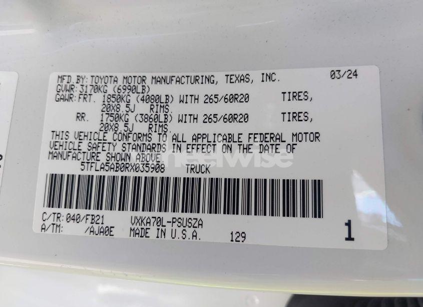 Photo 9 of 2024 Toyota Tundra SR5 (VIN 5TFLA5AB0RX035908)