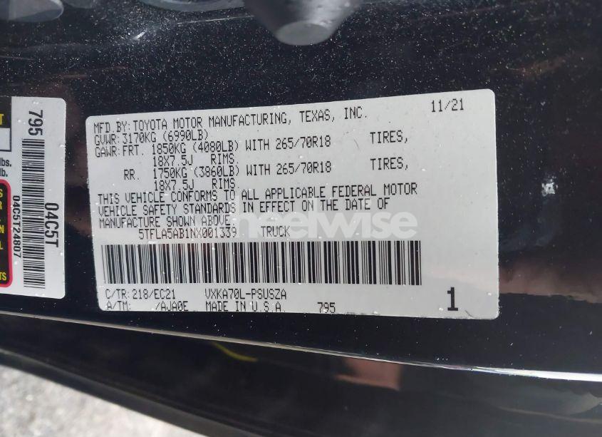 Photo 9 of 2022 Toyota Tundra SR5 (VIN 5TFLA5AB1NX001339)