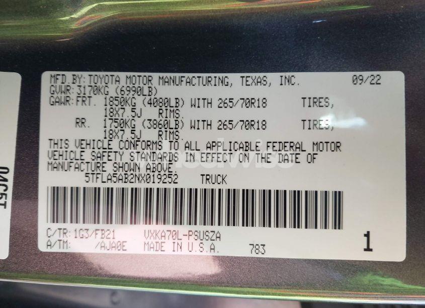 Photo 9 of 2022 Toyota Tundra SR5 (VIN 5TFLA5AB2NX019252)