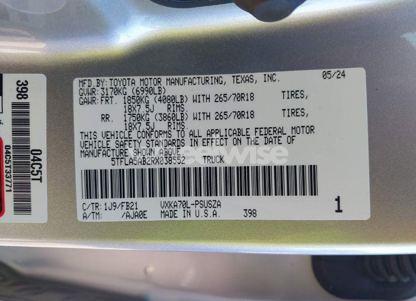 Photo 9 of 2024 Toyota Tundra SR5 (VIN 5TFLA5AB2RX038552)