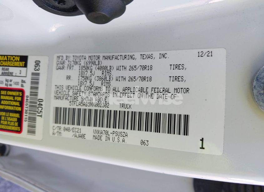 Photo 9 of 2022 Toyota Tundra SR5 (VIN 5TFLA5AB5NX002302)