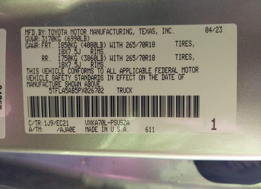 Photo 9 of 2023 Toyota Tundra SR5 (VIN 5TFLA5AB5PX026702)