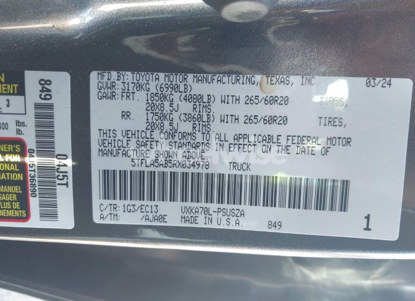 Photo 9 of 2024 Toyota Tundra SR5 (VIN 5TFLA5AB5RX034978)