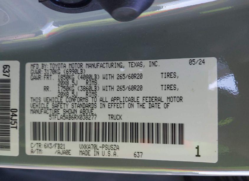 Photo 9 of 2024 Toyota Tundra SR5 (VIN 5TFLA5AB6RX038277)