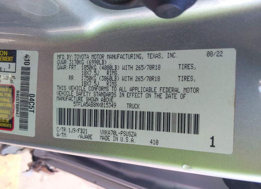 Photo 9 of 2022 Toyota Tundra SR5 (VIN 5TFLA5AB8NX015349)