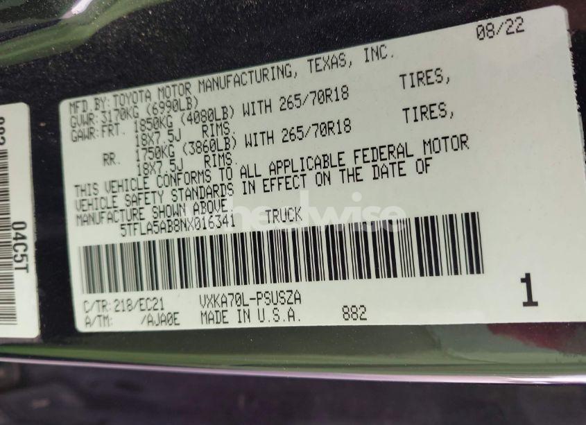 Photo 9 of 2022 Toyota Tundra SR5 (VIN 5TFLA5AB8NX016341)