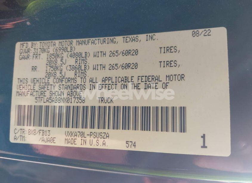 Photo 9 of 2022 Toyota Tundra SR5 (VIN 5TFLA5AB8NX017358)