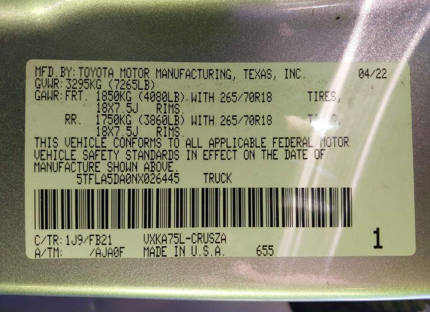 Photo 9 of 2022 Toyota Tundra SR5 (VIN 5TFLA5DA0NX026445)