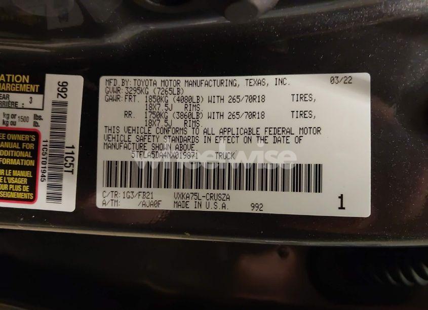 Photo 9 of 2022 Toyota Tundra SR5 (VIN 5TFLA5DA4NX019871)