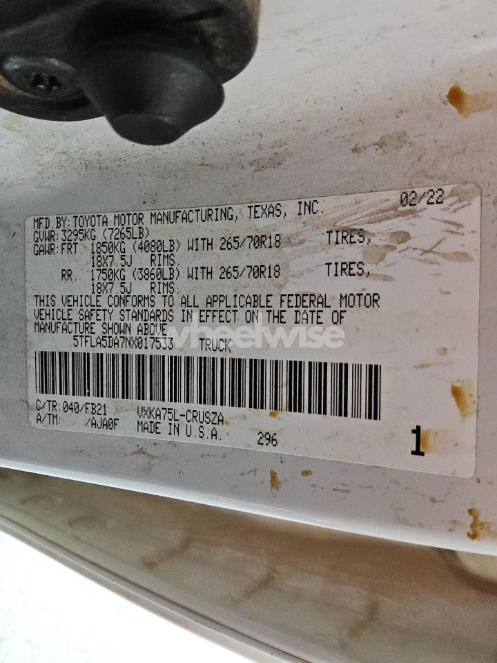 Photo 12 of 2022 TOYOTA TUNDRA DOUBLE CAB SR (VIN 5TFLA5DA7NX017533)