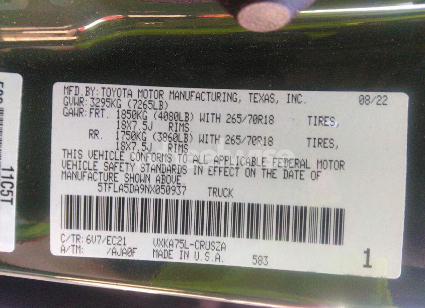 Photo 9 of 2022 Toyota Tundra SR5 (VIN 5TFLA5DA9NX050937)