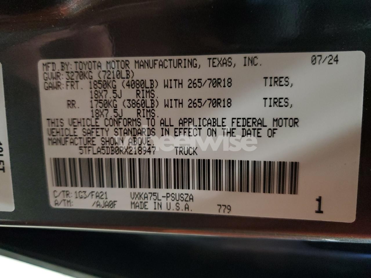 Photo 12 of 2024 TOYOTA TUNDRA CREWMAX SR (VIN 5TFLA5DB0RX218947)