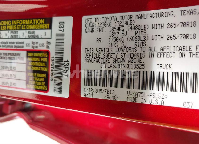 Photo 9 of 2022 Toyota Tundra SR5 (VIN 5TFLA5DB1NX018525)