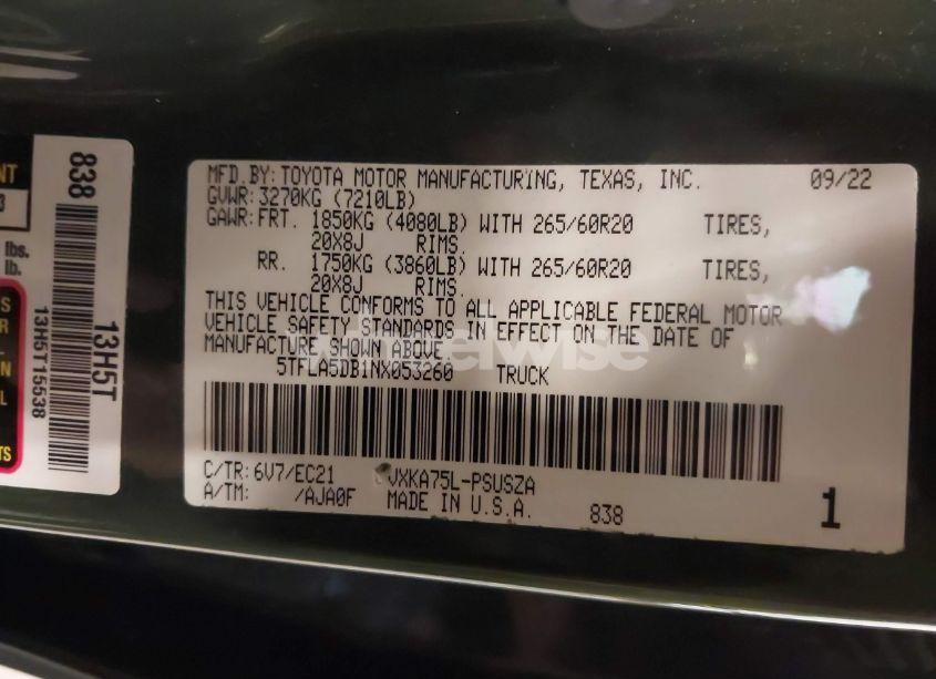 Photo 9 of 2022 Toyota Tundra SR5 (VIN 5TFLA5DB1NX053260)