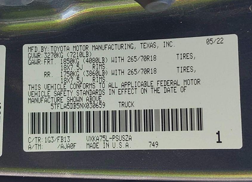 Photo 9 of 2022 Toyota Tundra SR5 (VIN 5TFLA5DB5NX030659)