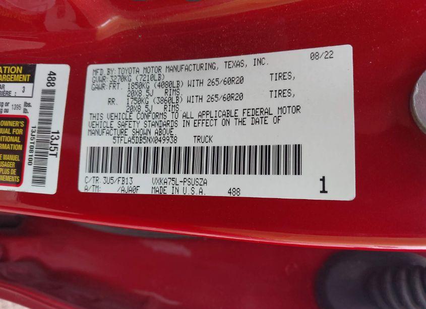 Photo 9 of 2022 Toyota Tundra SR5 (VIN 5TFLA5DB5NX049938)