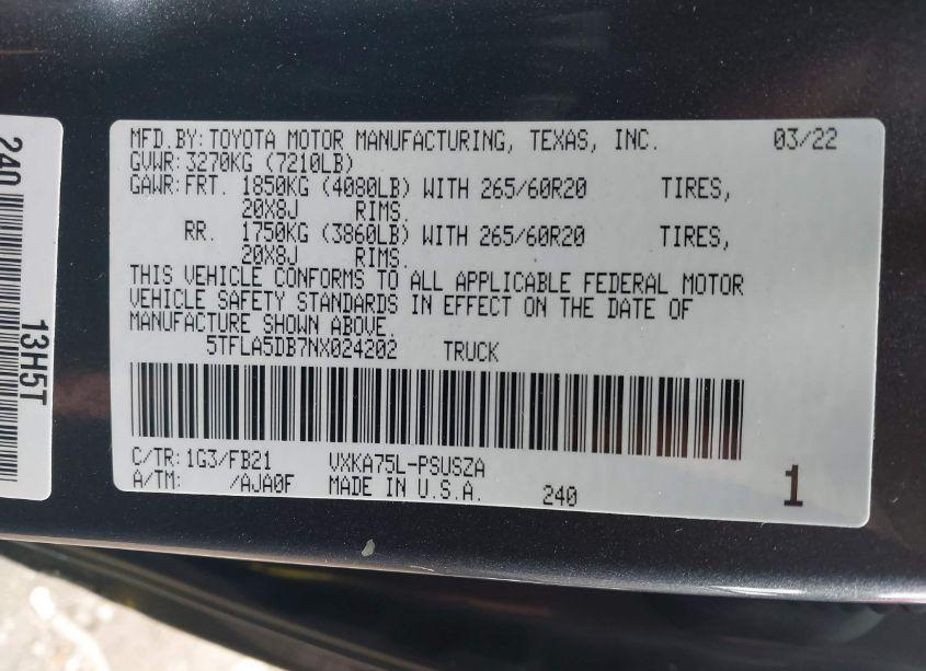 Photo 9 of 2022 Toyota Tundra SR5 (VIN 5TFLA5DB7NX024202)