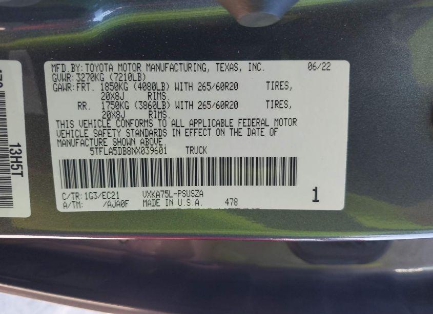 Photo 9 of 2022 Toyota Tundra SR5 (VIN 5TFLA5DB8NX039601)