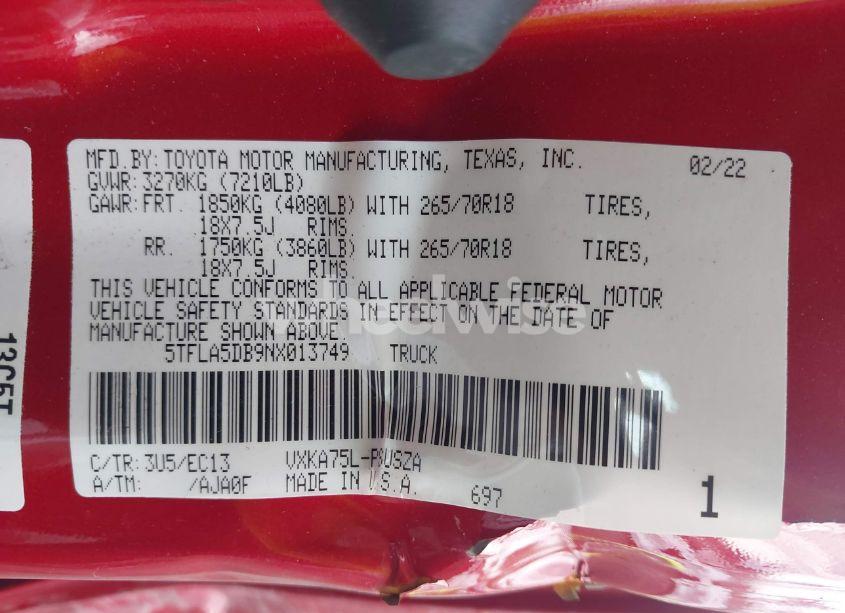 Photo 9 of 2022 Toyota Tundra SR5 (VIN 5TFLA5DB9NX013749)