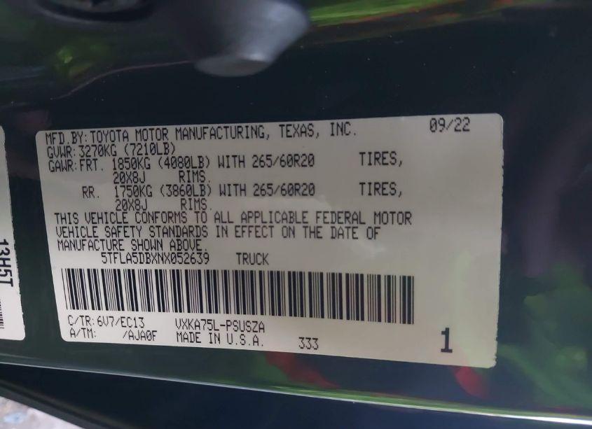 Photo 9 of 2022 Toyota Tundra SR5 (VIN 5TFLA5DBXNX052639)