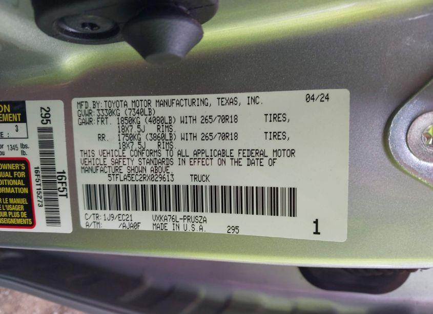 Photo 9 of 2024 Toyota Tundra SR5 (VIN 5TFLA5EC2RX029613)