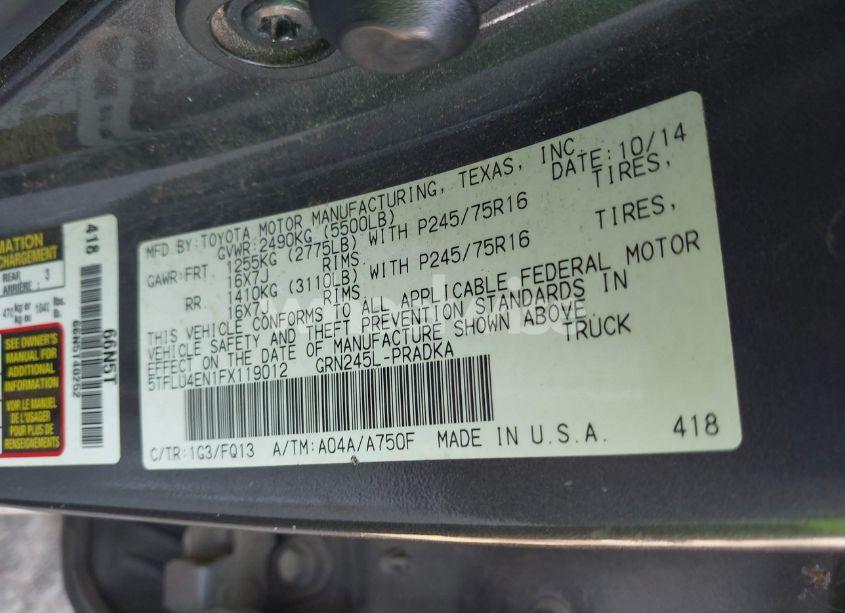 Photo 9 of 2015 Toyota Tacoma BASE V6 (VIN 5TFLU4EN1FX119012)