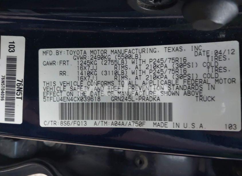 Photo 9 of 2012 Toyota Tacoma DOUBLE CAB (VIN 5TFLU4EN4CX039618)