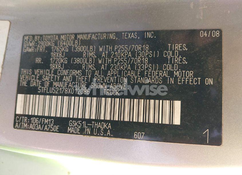 Photo 9 of 2008 Toyota Tundra BASE V6 (VIN 5TFLU52178X012086)