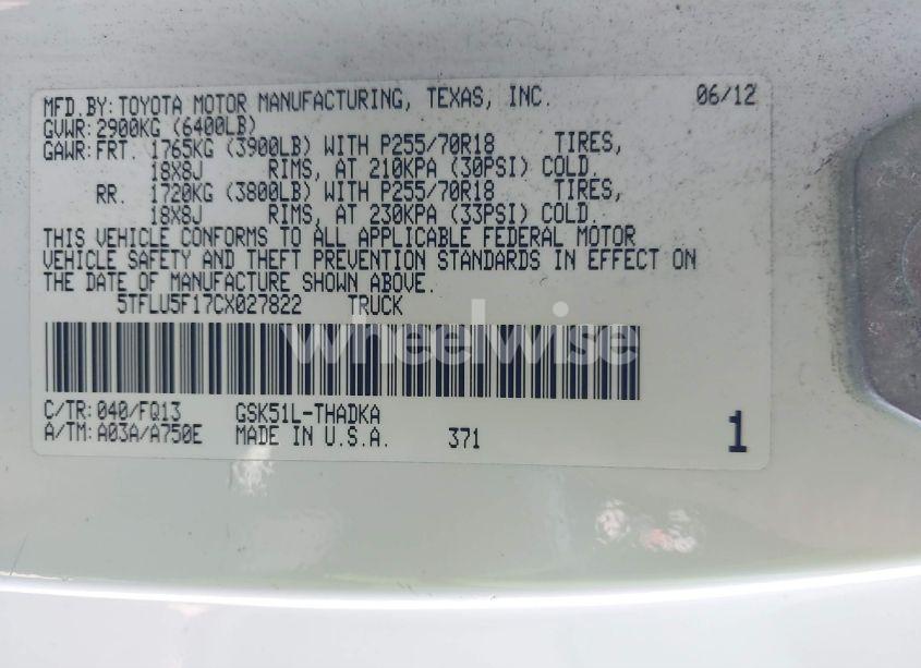 Photo 9 of 2012 Toyota Tundra 2WD TRUCK GRADE V6 (A5) (VIN 5TFLU5F17CX027822)