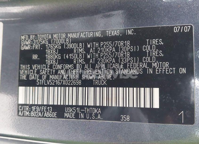 Photo 9 of 2007 Toyota Tundra BASE 5.7L V8 (VIN 5TFLV52167X022698)