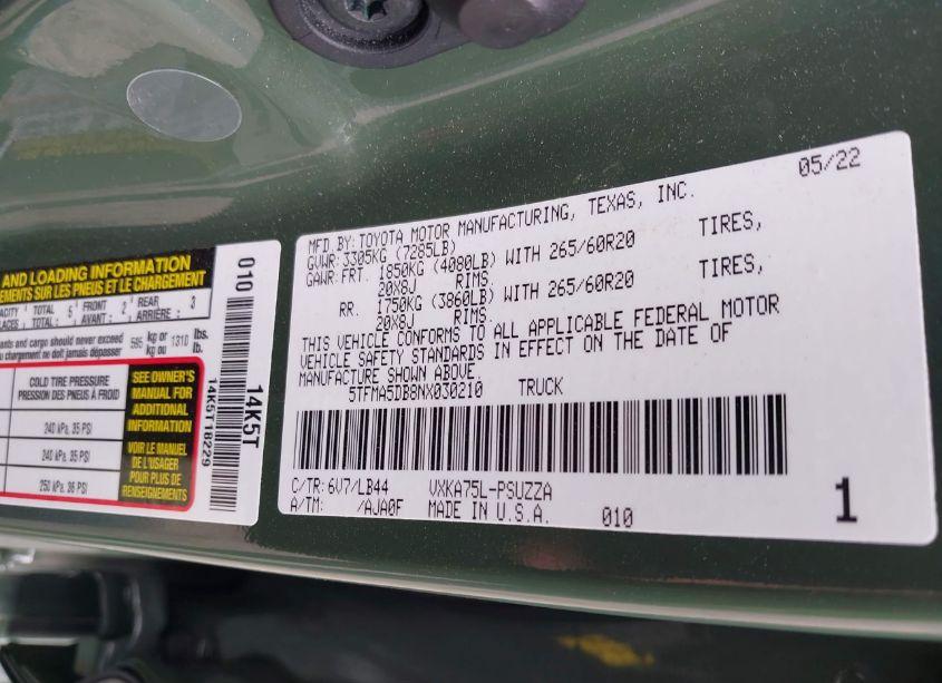 Photo 9 of 2022 Toyota Tundra 1794 EDITION (VIN 5TFMA5DB8NX030210)