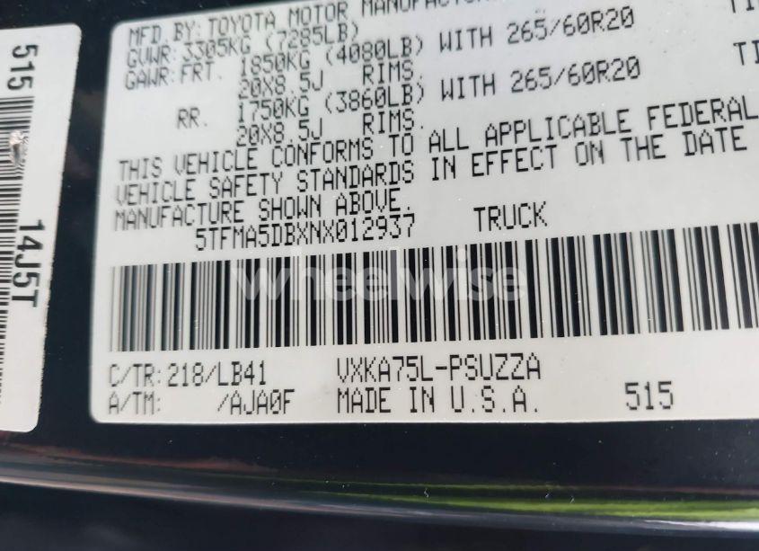 Photo 9 of 2022 Toyota Tundra (VIN 5TFMA5DBXNX012937)