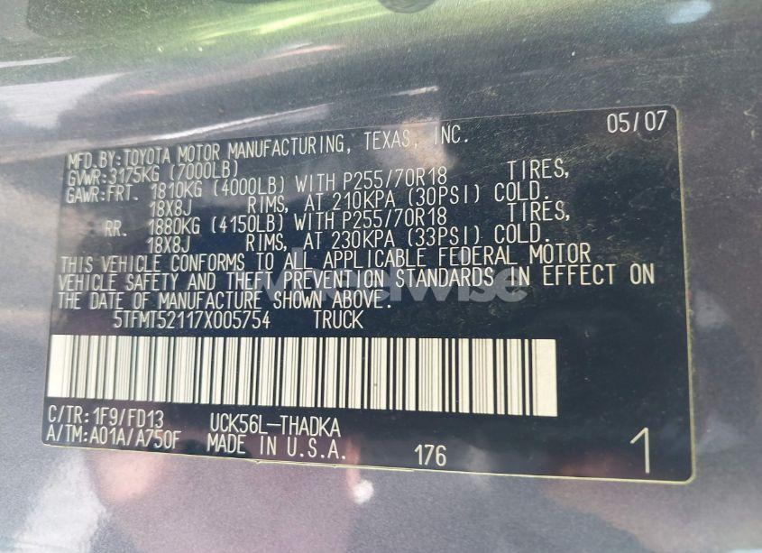 Photo 9 of 2007 Toyota Tundra BASE 4.7L V8 (VIN 5TFMT52117X005754)