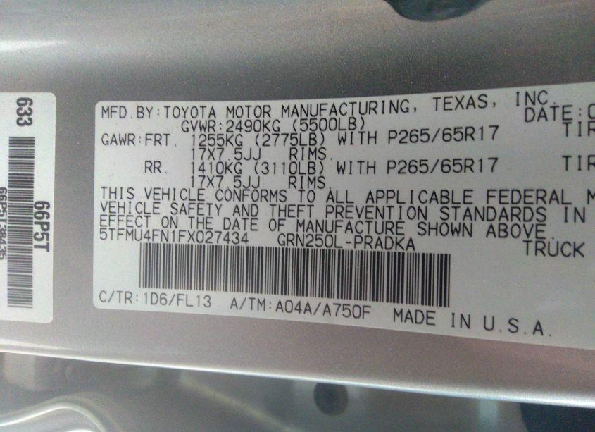 Photo 9 of 2015 Toyota Tacoma DOUBLE CAB LONG BED (VIN 5TFMU4FN1FX027434)