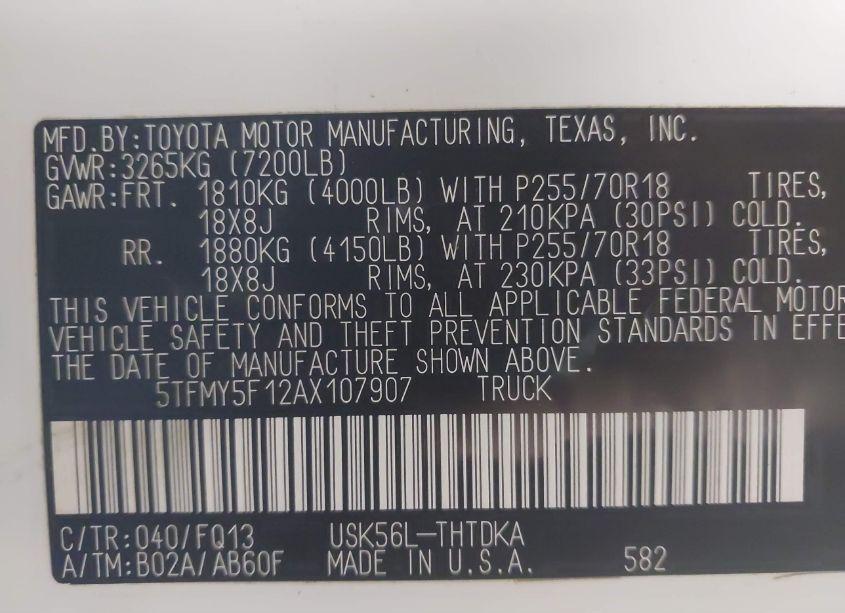 Photo 9 of 2010 Toyota Tundra GRADE 5.7L V8 (VIN 5TFMY5F12AX107907)