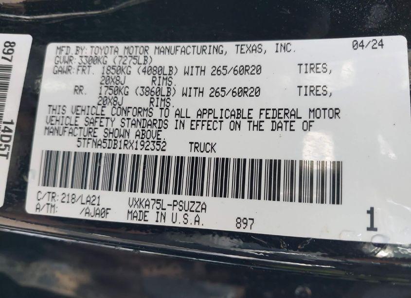 Photo 9 of 2024 Toyota Tundra PLATINUM (VIN 5TFNA5DB1RX192352)