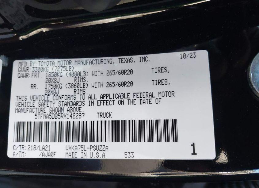 Photo 9 of 2024 Toyota Tundra PLATINUM (VIN 5TFNA5DB5RX148287)