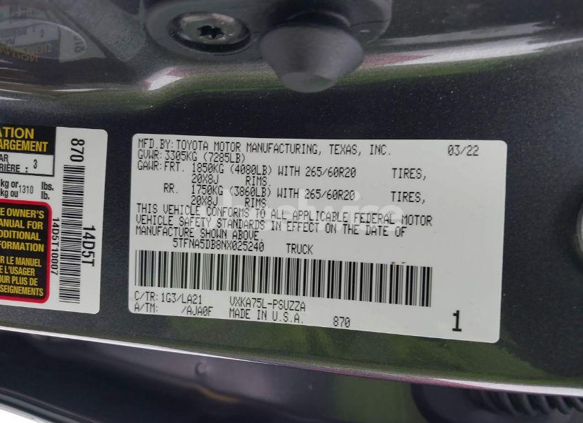 Photo 9 of 2022 Toyota Tundra PLATINUM (VIN 5TFNA5DB8NX025240)