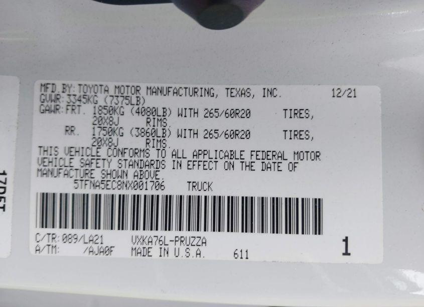 Photo 9 of 2022 Toyota Tundra PLATINUM (VIN 5TFNA5EC8NX001706)