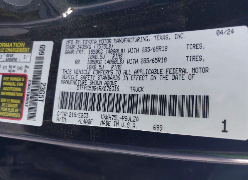 Photo 9 of 2024 Toyota Tundra HYBRID TRD PRO (VIN 5TFPC5DB4RX078316)