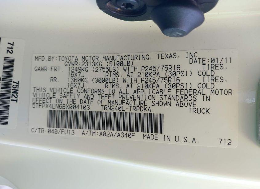 Photo 9 of 2011 Toyota Tacoma (VIN 5TFPX4EN6BX004103)