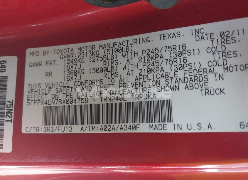 Photo 9 of 2011 Toyota Tacoma (VIN 5TFPX4EN7BX004756)