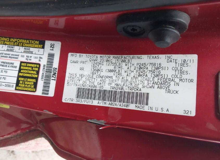 Photo 9 of 2012 Toyota Tacoma (VIN 5TFPX4EN8CX008185)